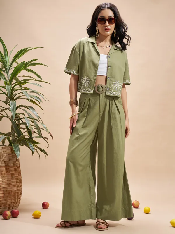 Vara By Vishudh Women Olive Embroidered Regular Top