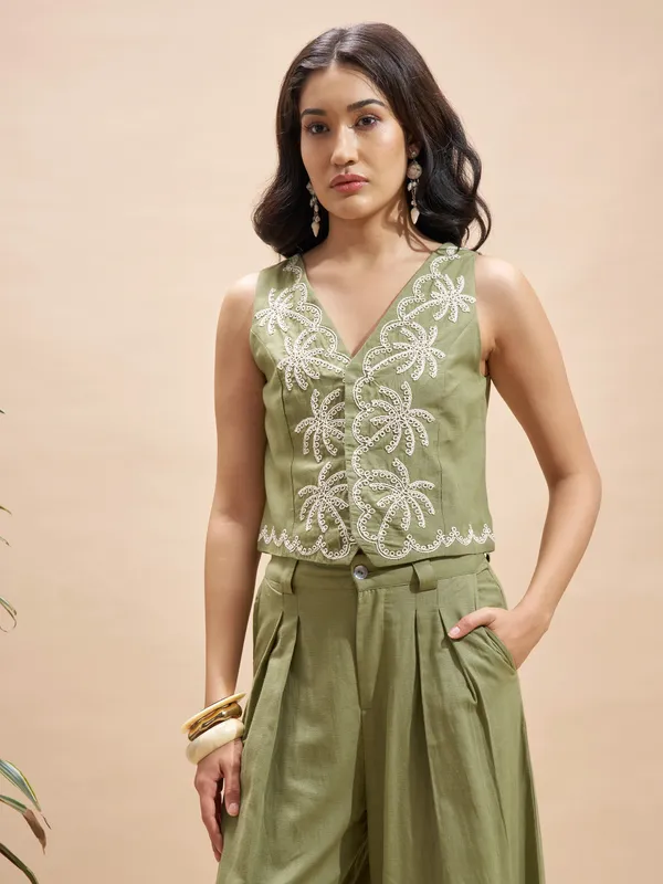 Vara By Vishudh Women Olive Embroidered Regular Top