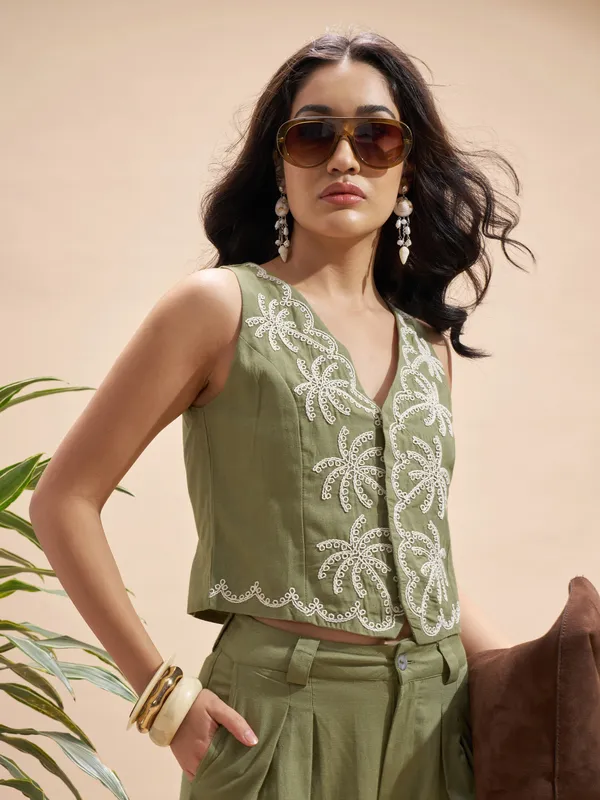 Vara By Vishudh Women Olive Embroidered Regular Top