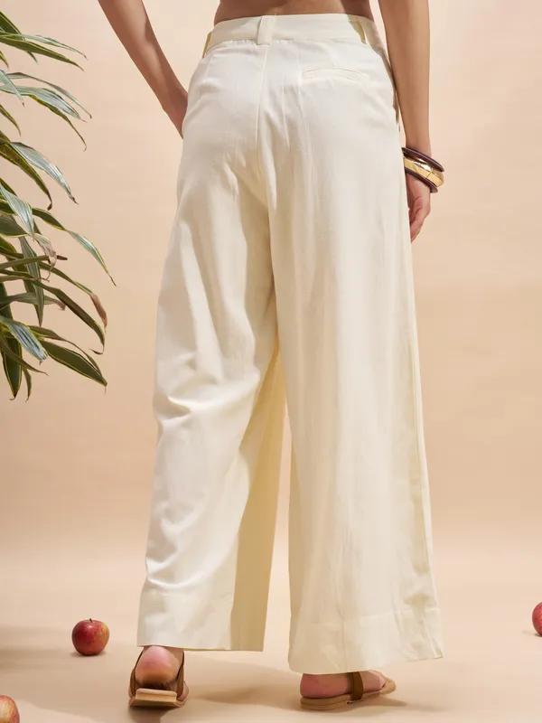 Vara By Vishudh Women Cream Wide Leg Casual Trouser