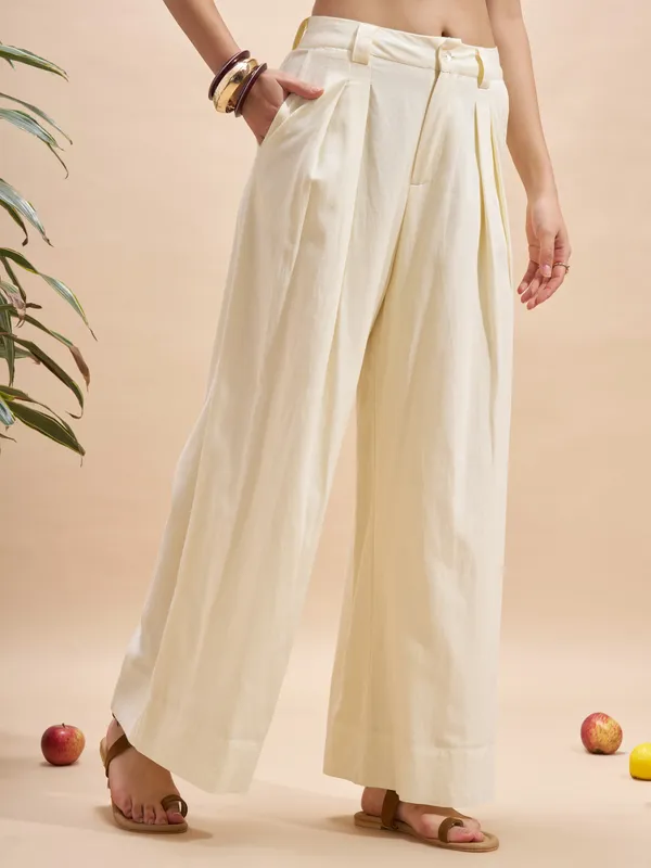 Vara By Vishudh Women Cream Wide Leg Casual Trouser