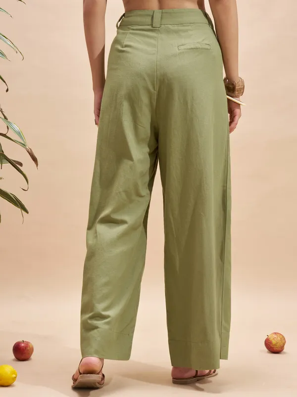 Vara By Vishudh Women Olive Wide Leg Casual Trouser