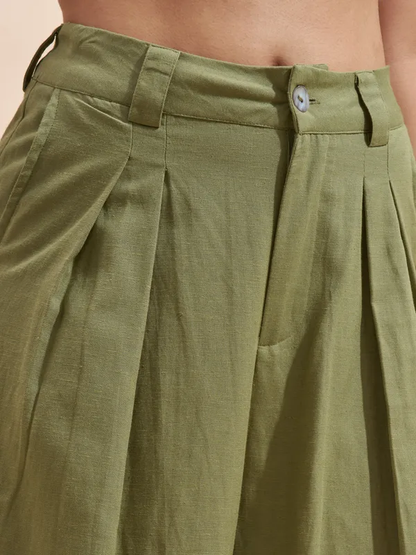 Vara By Vishudh Women Olive Wide Leg Casual Trouser