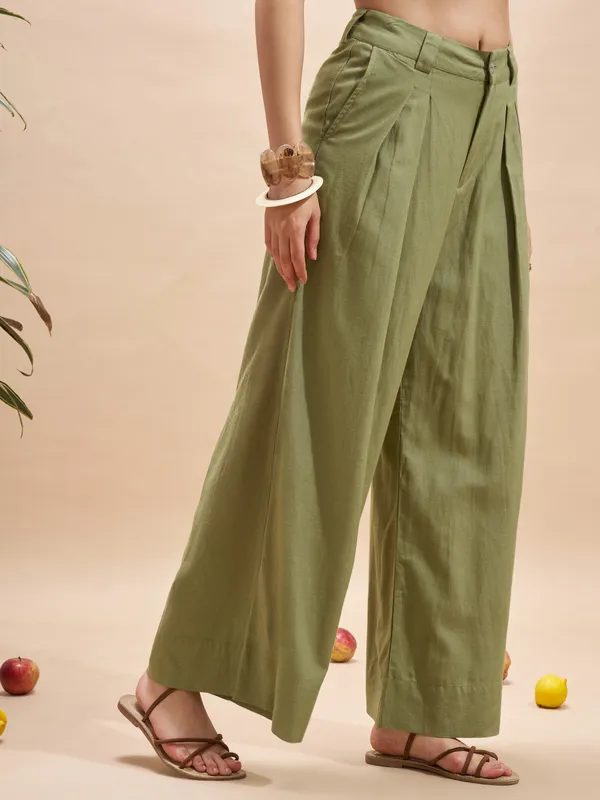 Vara By Vishudh Women Olive Wide Leg Casual Trouser