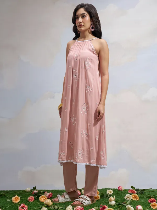 Vara By Vishudh Women Pink Embroidered Kurta With Trouser