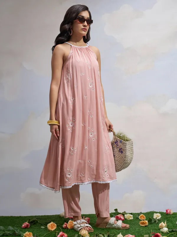 Vara By Vishudh Women Pink Embroidered Kurta With Trouser