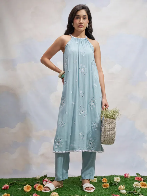 Vara By Vishudh Women Blue Embroidered Kurta With Trouser