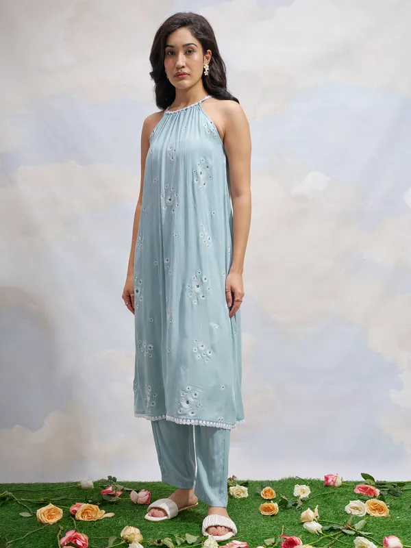 Vara By Vishudh Women Blue Embroidered Kurta With Trouser