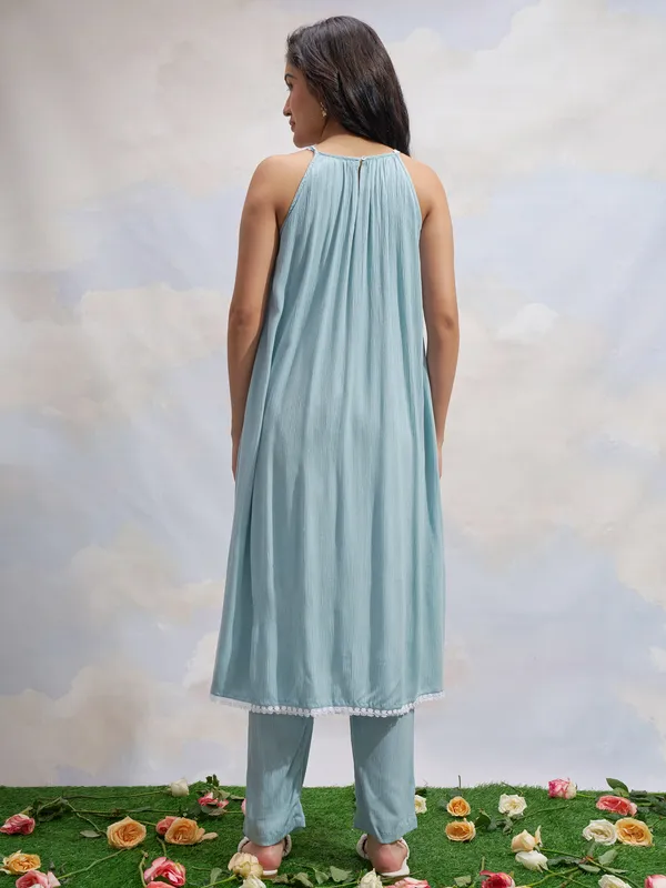 Vara By Vishudh Women Blue Embroidered Kurta With Trouser