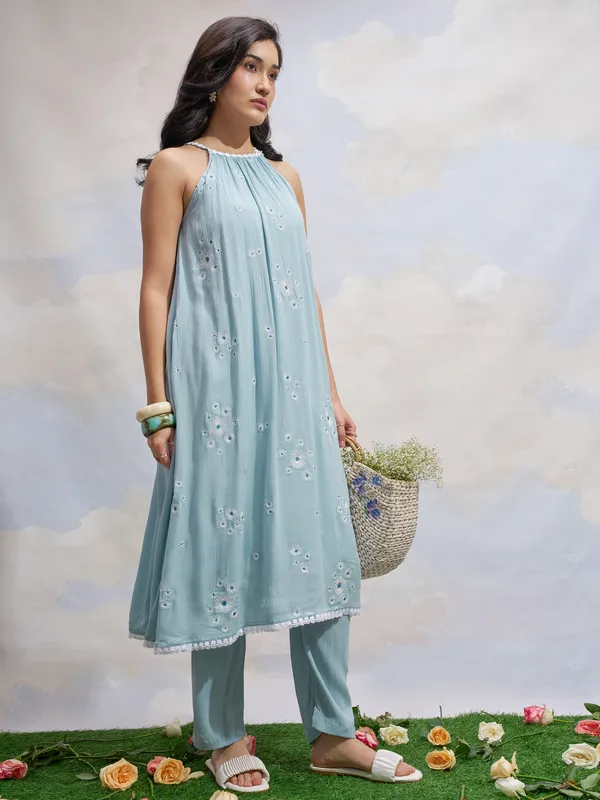 Vara By Vishudh Women Blue Embroidered Kurta With Trouser