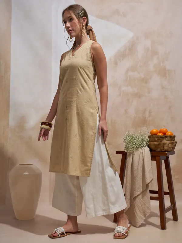 Vara By Vishudh Women Beige Embroidered Straight Kurta