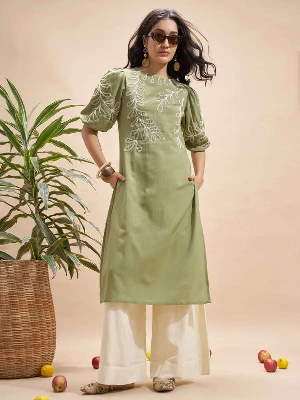 Vara By Vishudh Women Olive Embroidered Straight Kurta
