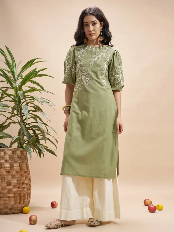 Vara By Vishudh Women Olive Embroidered Straight Kurta