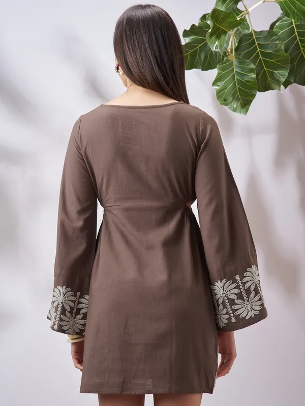 Vara By Vishudh Women Tan Embroidered A-Line Dress