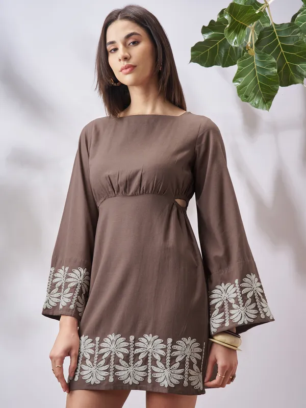 Vara By Vishudh Women Tan Embroidered A-Line Dress