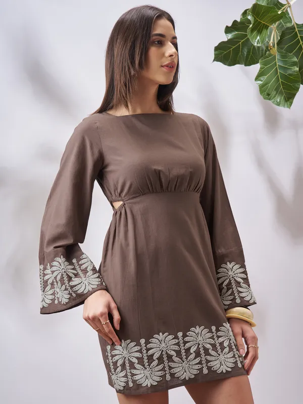 Vara By Vishudh Women Tan Embroidered A-Line Dress