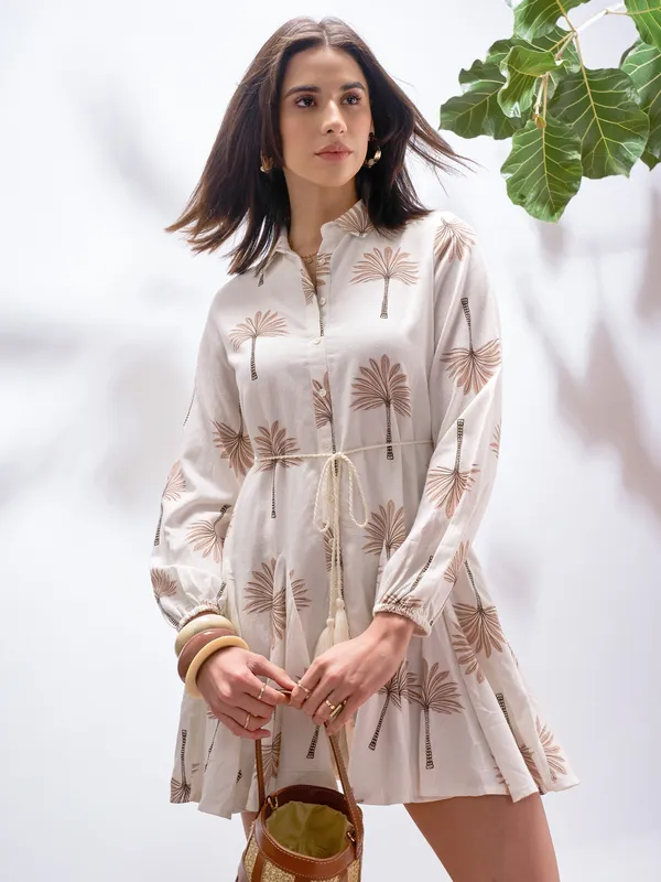 Vara By Vishudh Women Tan Printed Fit and Flare Dress