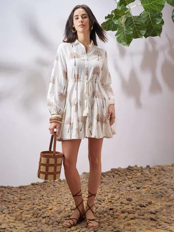 Vara By Vishudh Women Tan Printed Fit and Flare Dress