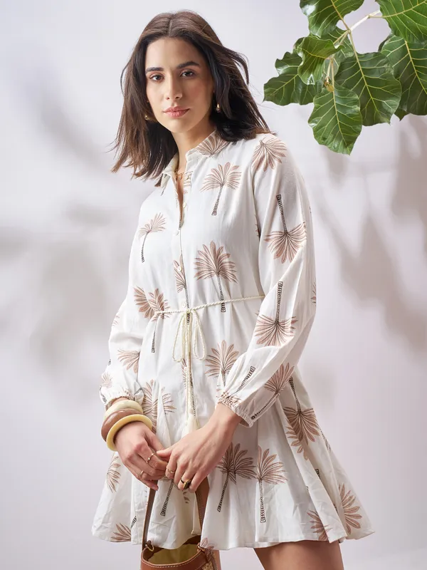 Vara By Vishudh Women Tan Printed Fit and Flare Dress