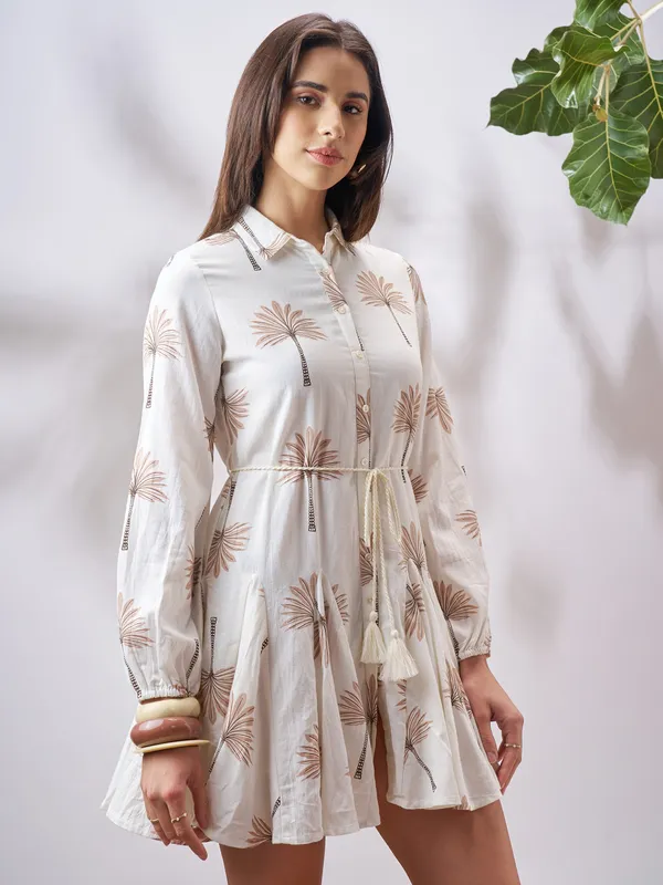 Vara By Vishudh Women Tan Printed Fit and Flare Dress