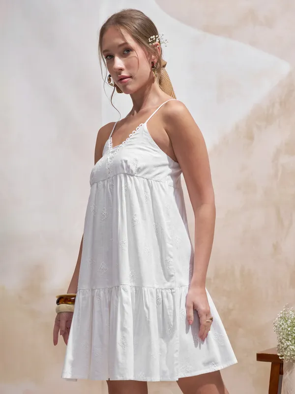 Vara By Vishudh Women White Embroidered Fit and Flare Dress