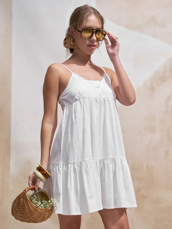 Vara By Vishudh Women White Embroidered Fit and Flare Dress