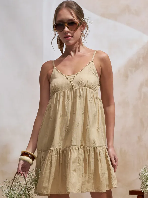 Vara By Vishudh Women Beige Embroidered Fit and Flare Dress