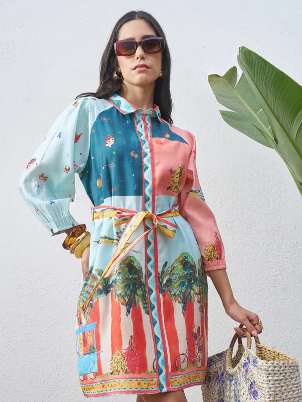 Vara By Vishudh Women Blue Printed Shirt Dress
