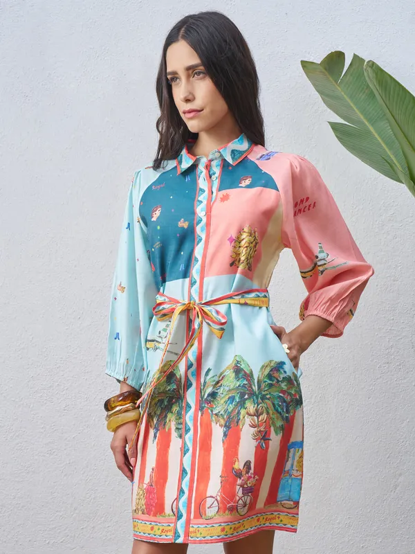 Vara By Vishudh Women Blue Printed Shirt Dress