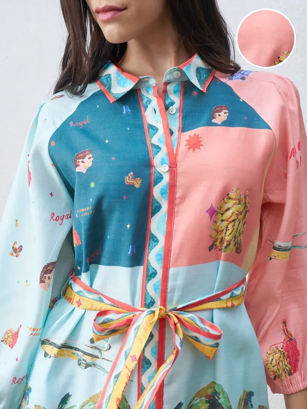 Vara By Vishudh Women Blue Printed Shirt Dress