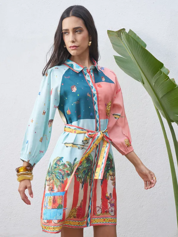 Vara By Vishudh Women Blue Printed Shirt Dress