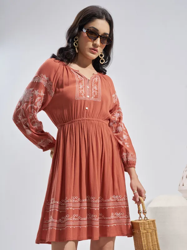 Vara By Vishudh Women Rust Embroidered Fit and Flare Dress