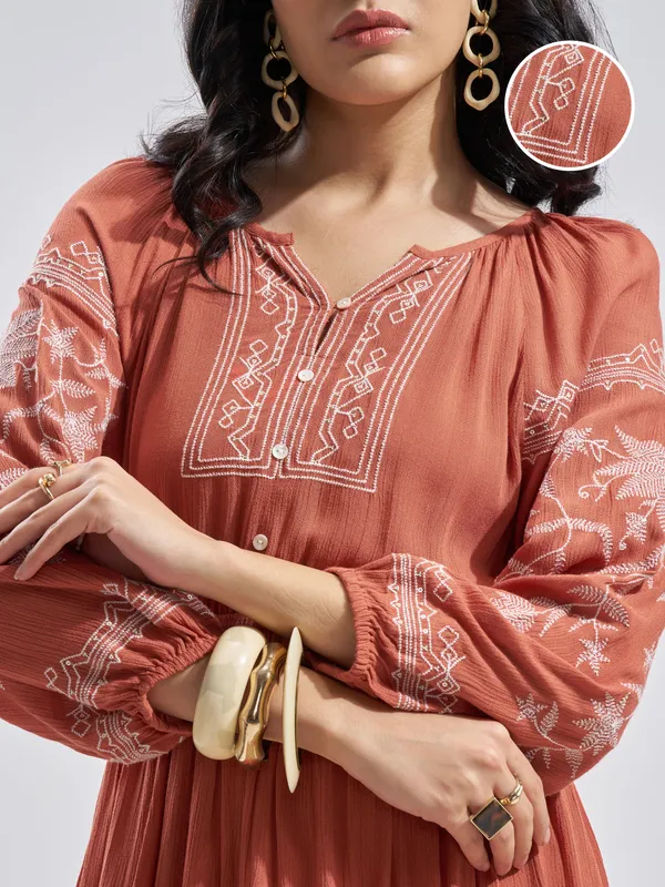 Vara By Vishudh Women Rust Embroidered Fit and Flare Dress