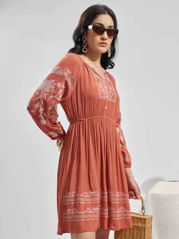 Vara By Vishudh Women Rust Embroidered Fit and Flare Dress