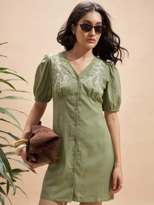 Vara By Vishudh Women Olive Embroidered Bodycon Dress