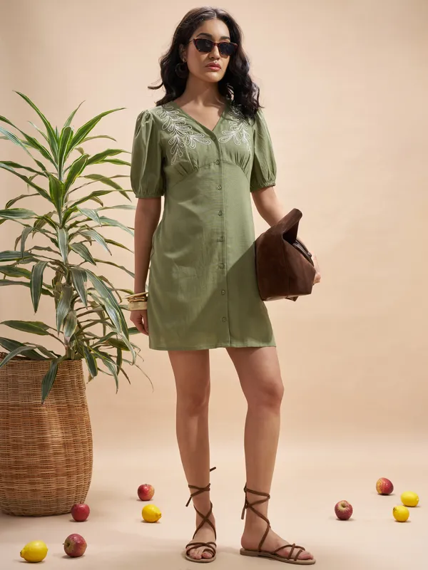 Vara By Vishudh Women Olive Embroidered Bodycon Dress
