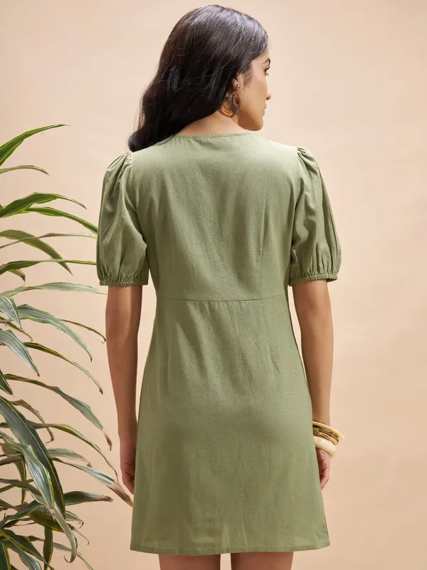 Vara By Vishudh Women Olive Embroidered Bodycon Dress