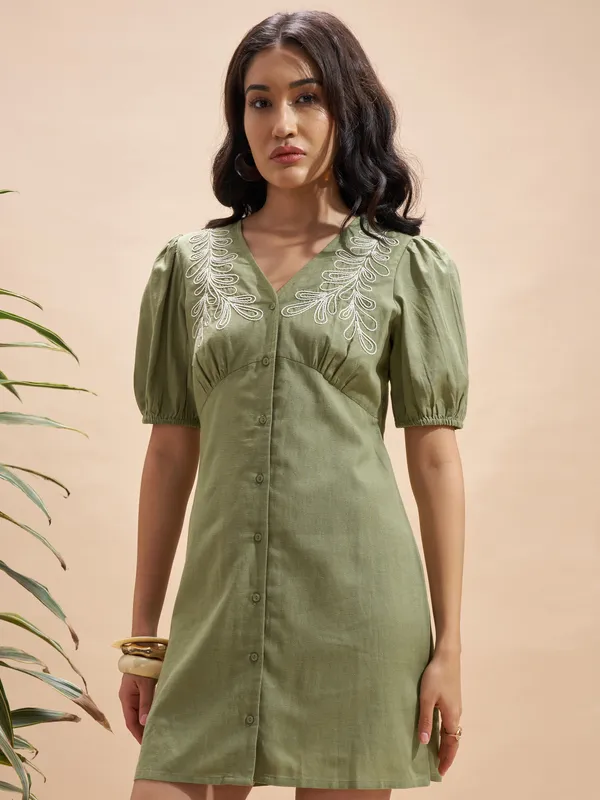 Vara By Vishudh Women Olive Embroidered Bodycon Dress
