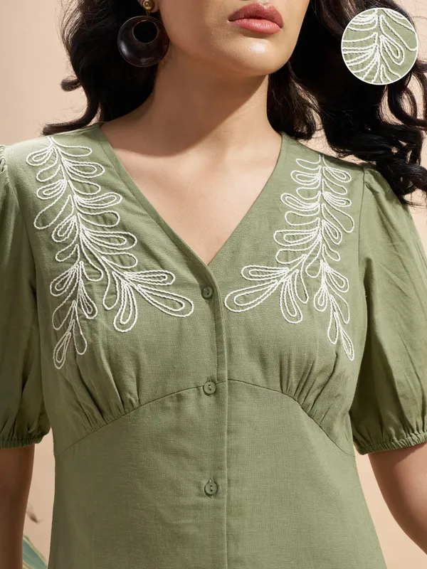 Vara By Vishudh Women Olive Embroidered Bodycon Dress