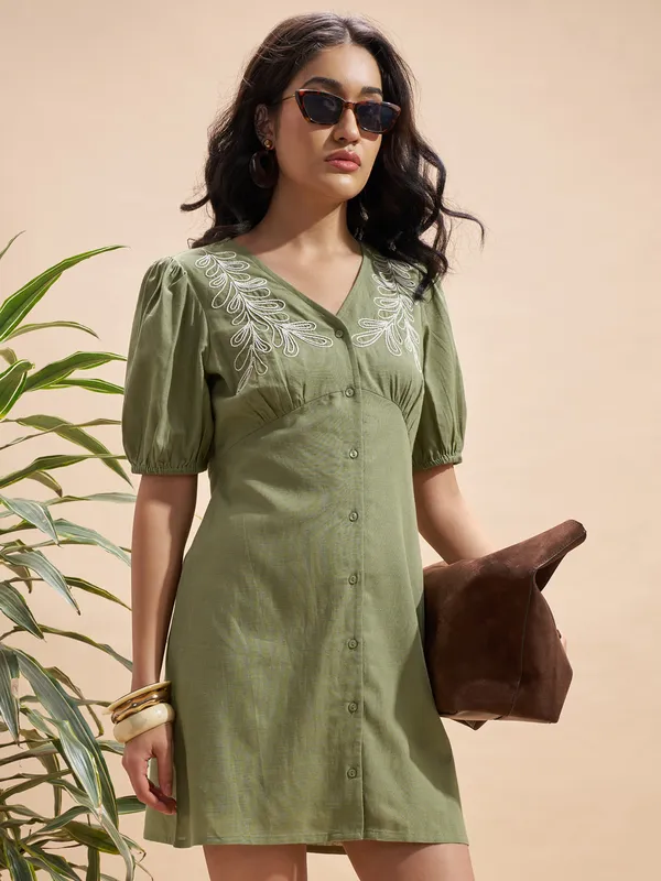Vara By Vishudh Women Olive Embroidered Bodycon Dress