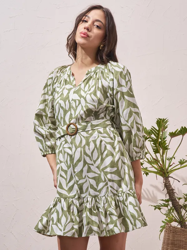 Vara By Vishudh Women Green Printed Drop Waist Dress