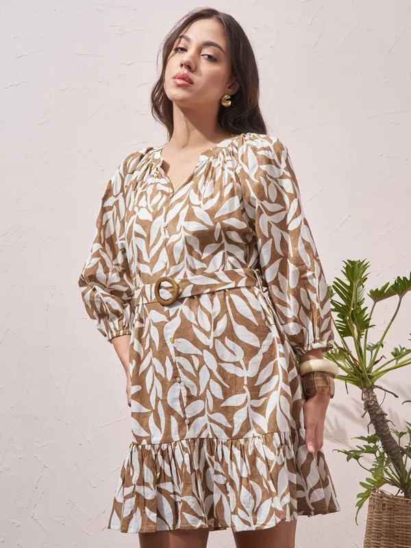 Vara By Vishudh Women Brown Printed Drop Waist Dress