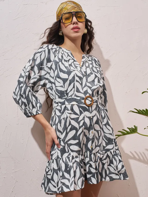 Vara By Vishudh Women Navy Blue Printed Drop Waist Dress