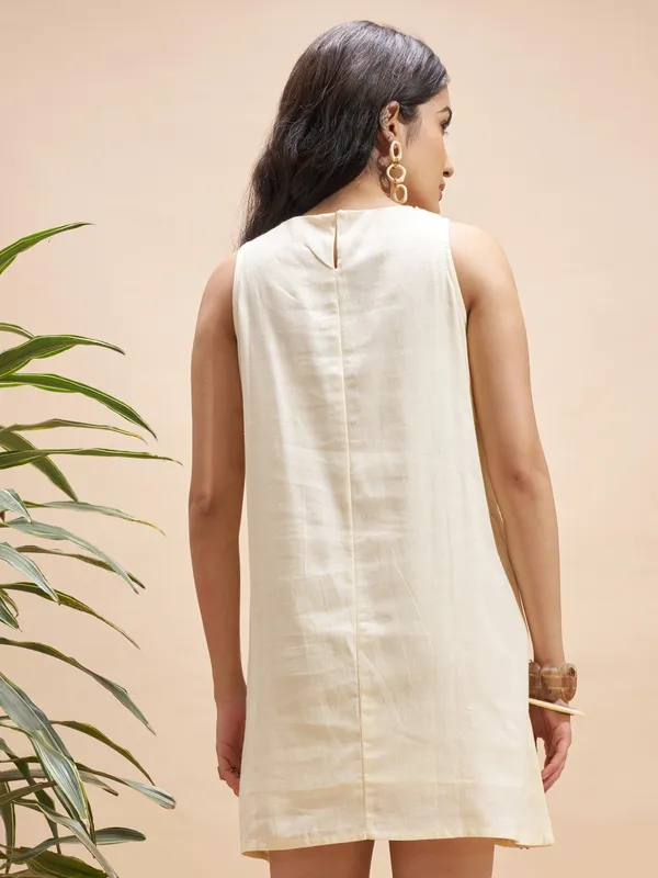 Vara By Vishudh Women Cream Embroidered A-Line Dress