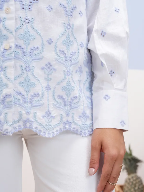Vara By Vishudh Women White Embroidered Casual Shirt