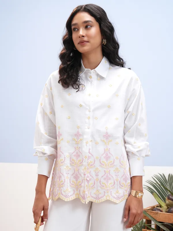 Vara By Vishudh Women White Embroidered Casual Shirt