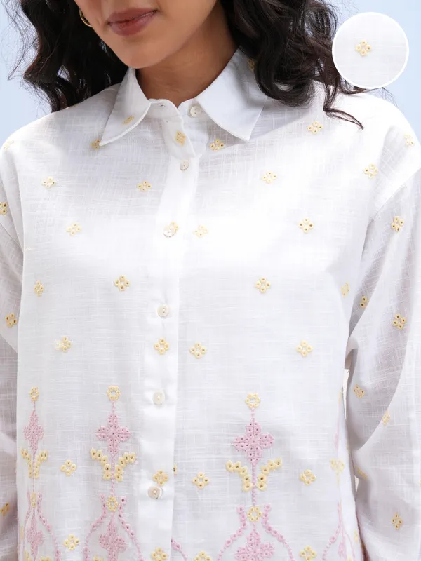 Vara By Vishudh Women White Embroidered Casual Shirt