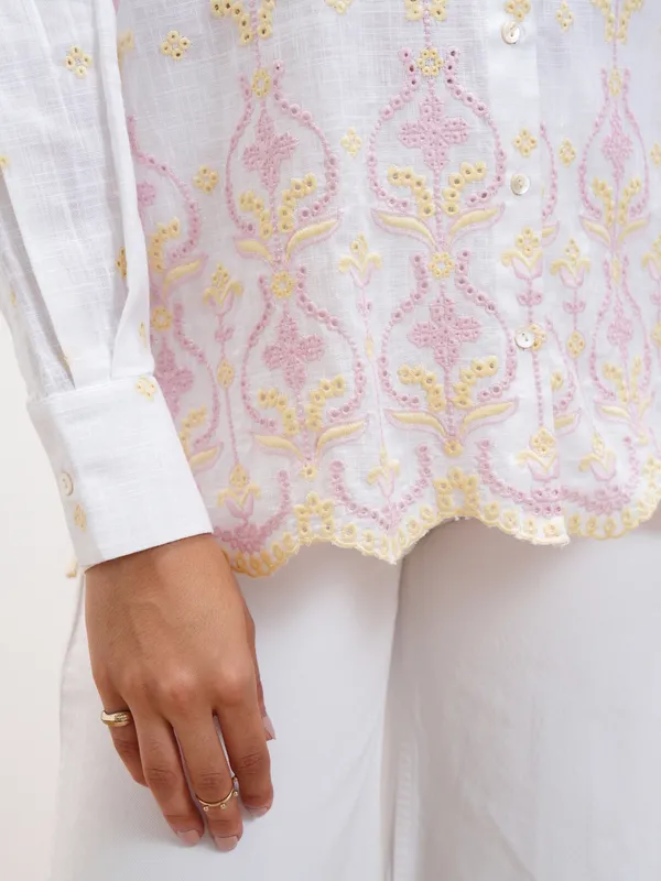 Vara By Vishudh Women White Embroidered Casual Shirt