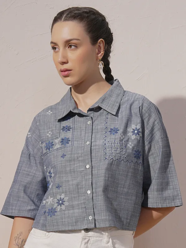 Vara By Vishudh Women Blue Embroidered Boxy Fit Casual Shirt