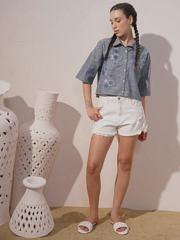 Vara By Vishudh Women Blue Embroidered Boxy Fit Casual Shirt